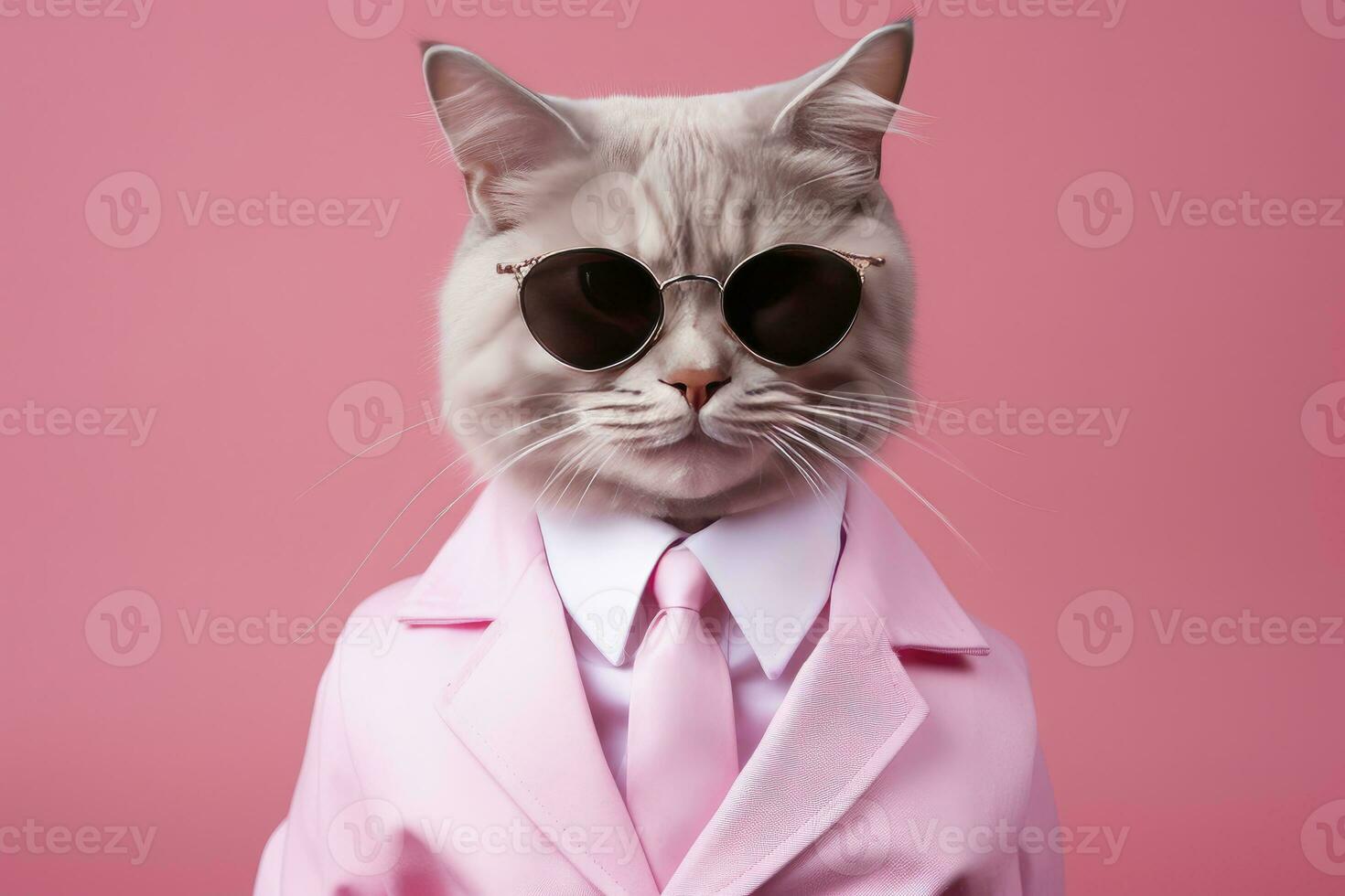 AI generated A cat is wearing sunglasses and suit on Pink Background. AI Generated photo