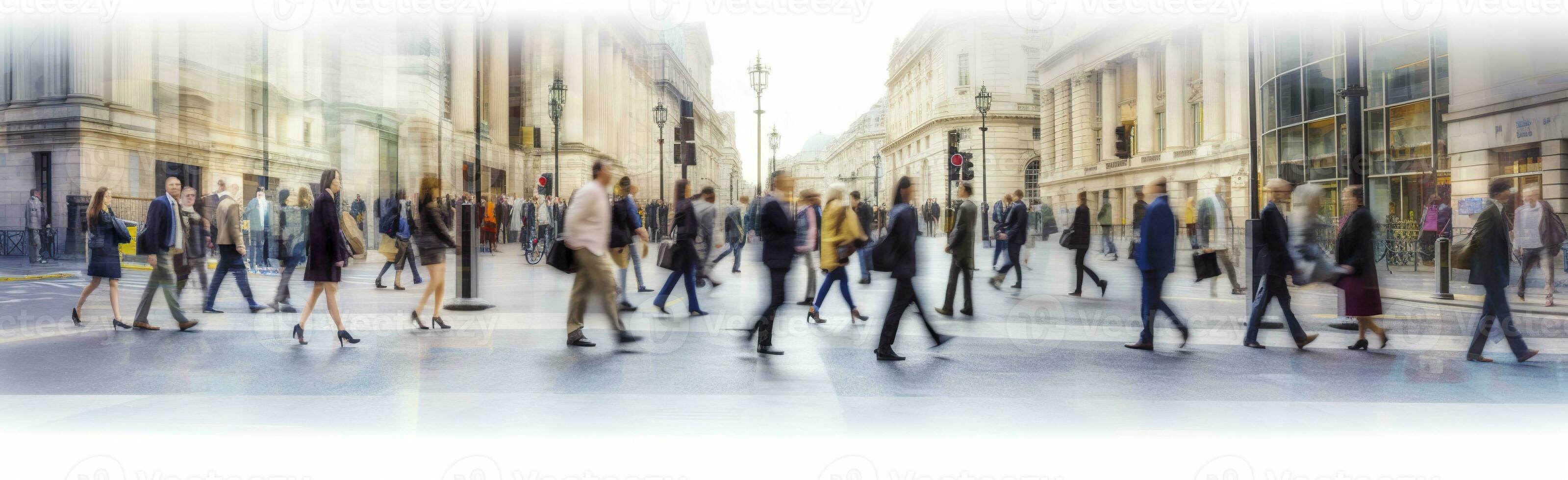 AI generated Walking people blur. Lots of people walk in the City of London. Wide panoramic view of people crossing the road. AI Generated photo