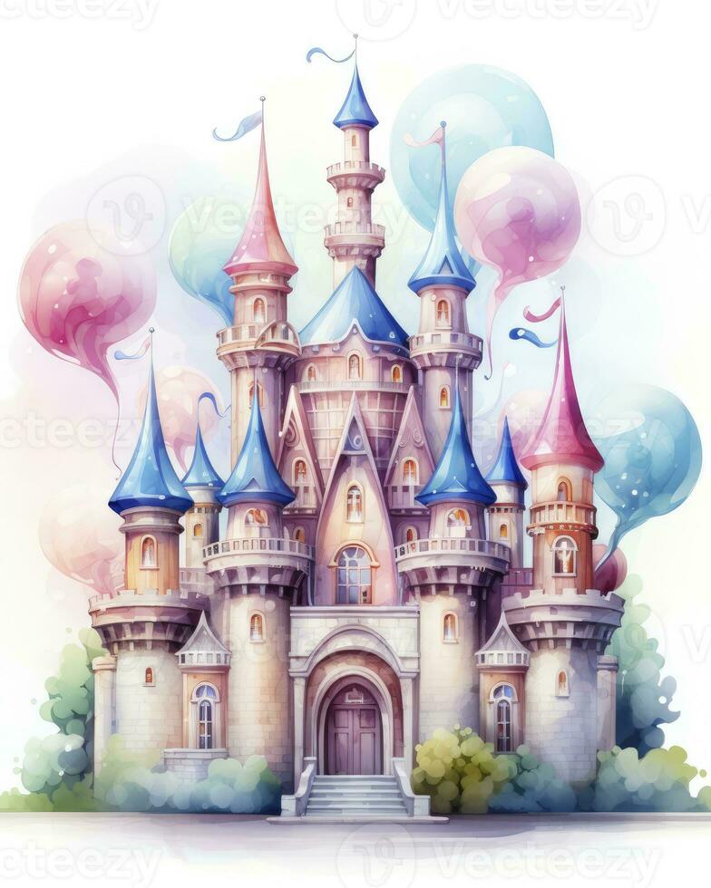 AI generated Colorful watercolor kawaii castle isolated on white background. AI Generated photo