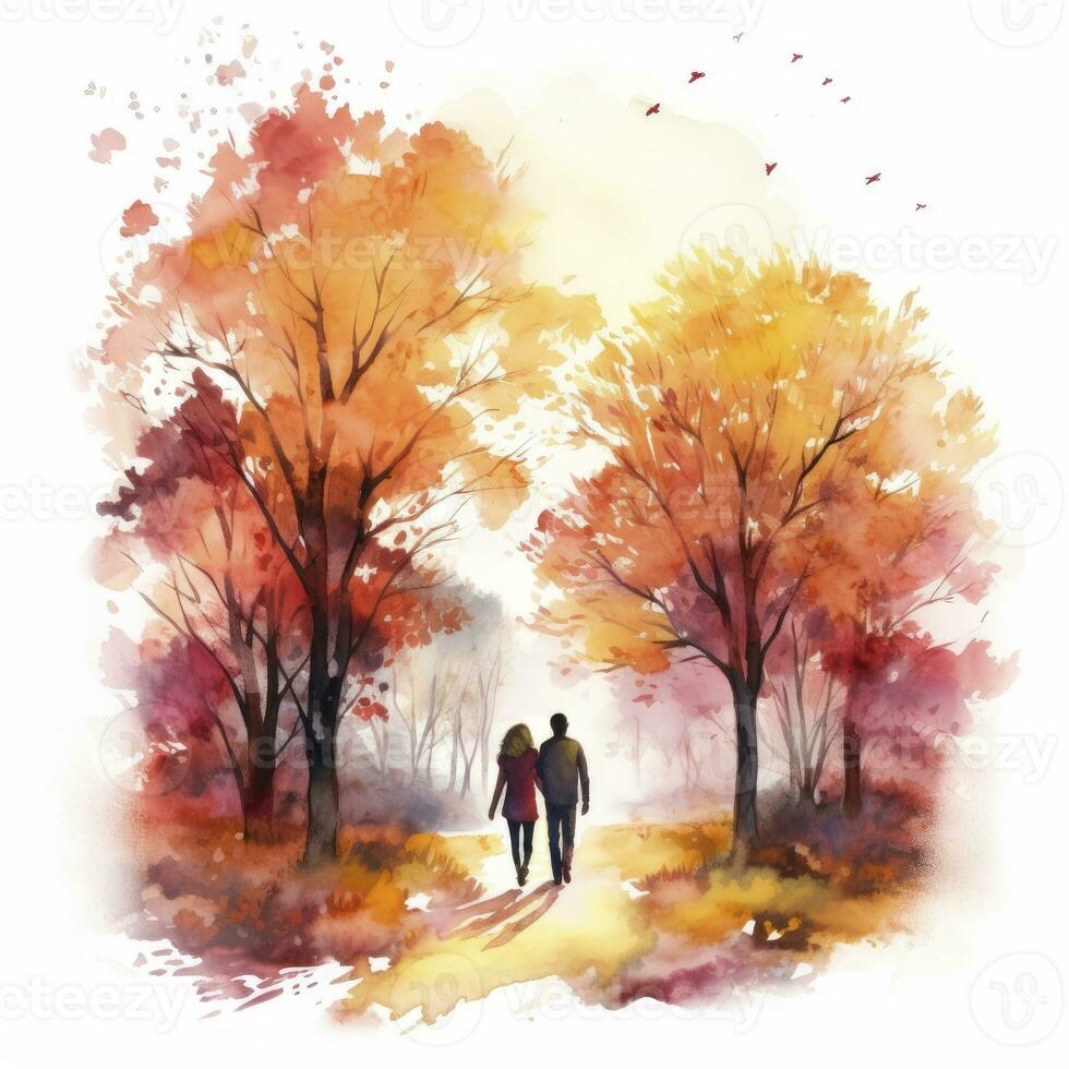 AI generated Watercolor autumn landscape with a couple walking. AI Generated photo