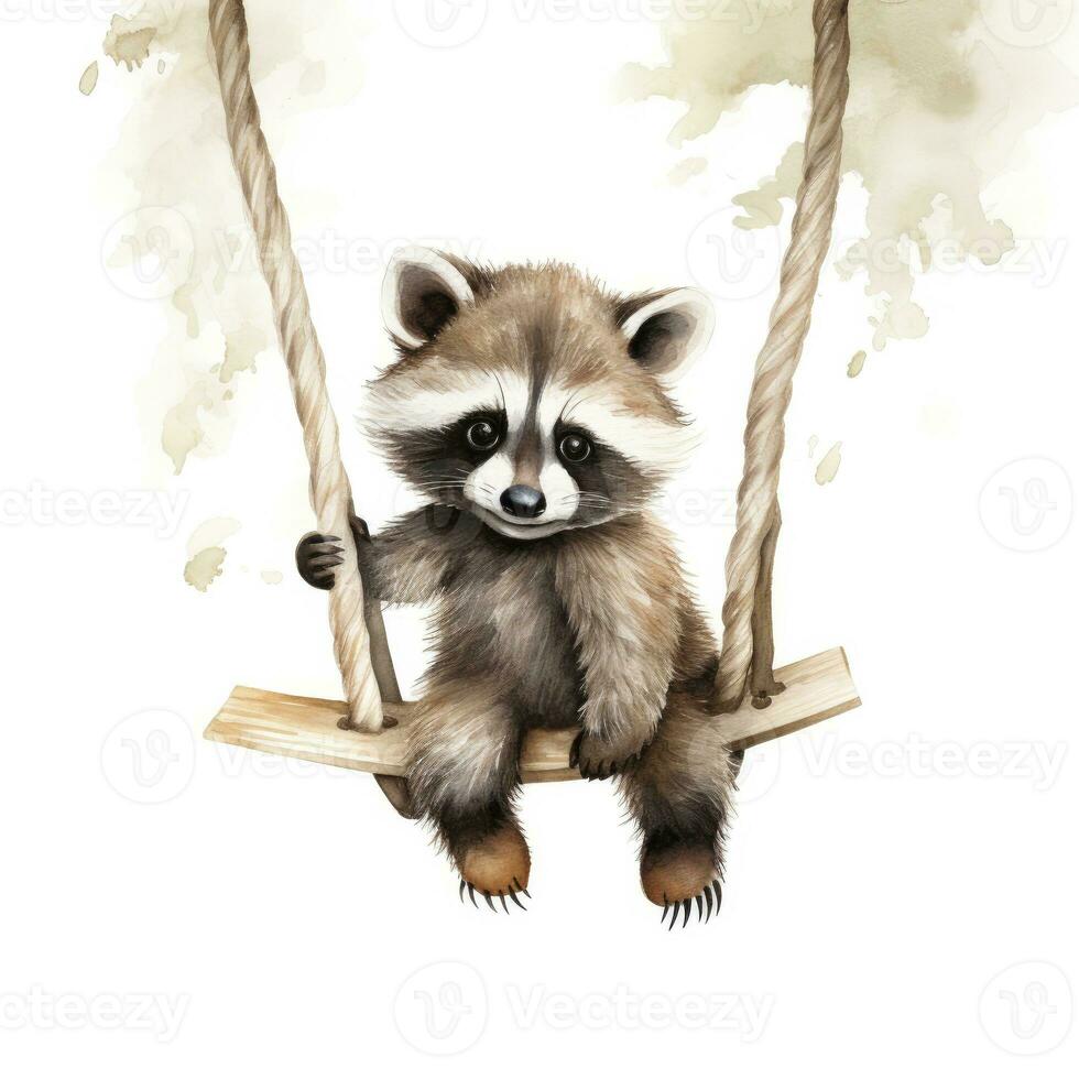 AI generated Cute baby raccoon in watercolour style, sitting on swings attached to the tree. AI Generated photo