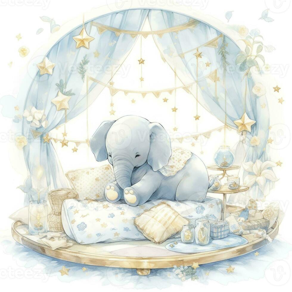 AI generated An elephant on a bed with stars and blankets around the circle. AI Generated photo