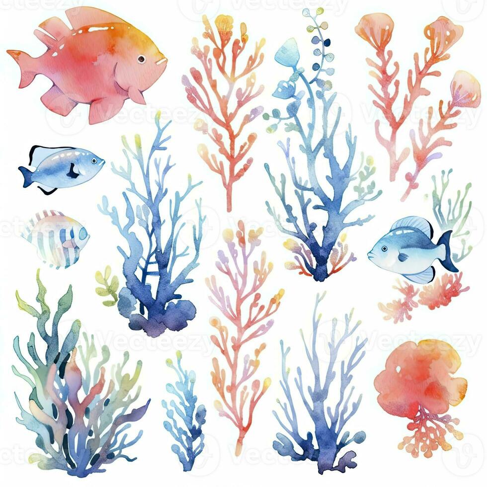 AI generated Underwater Sea element in watercolor on the white background. AI Generated photo