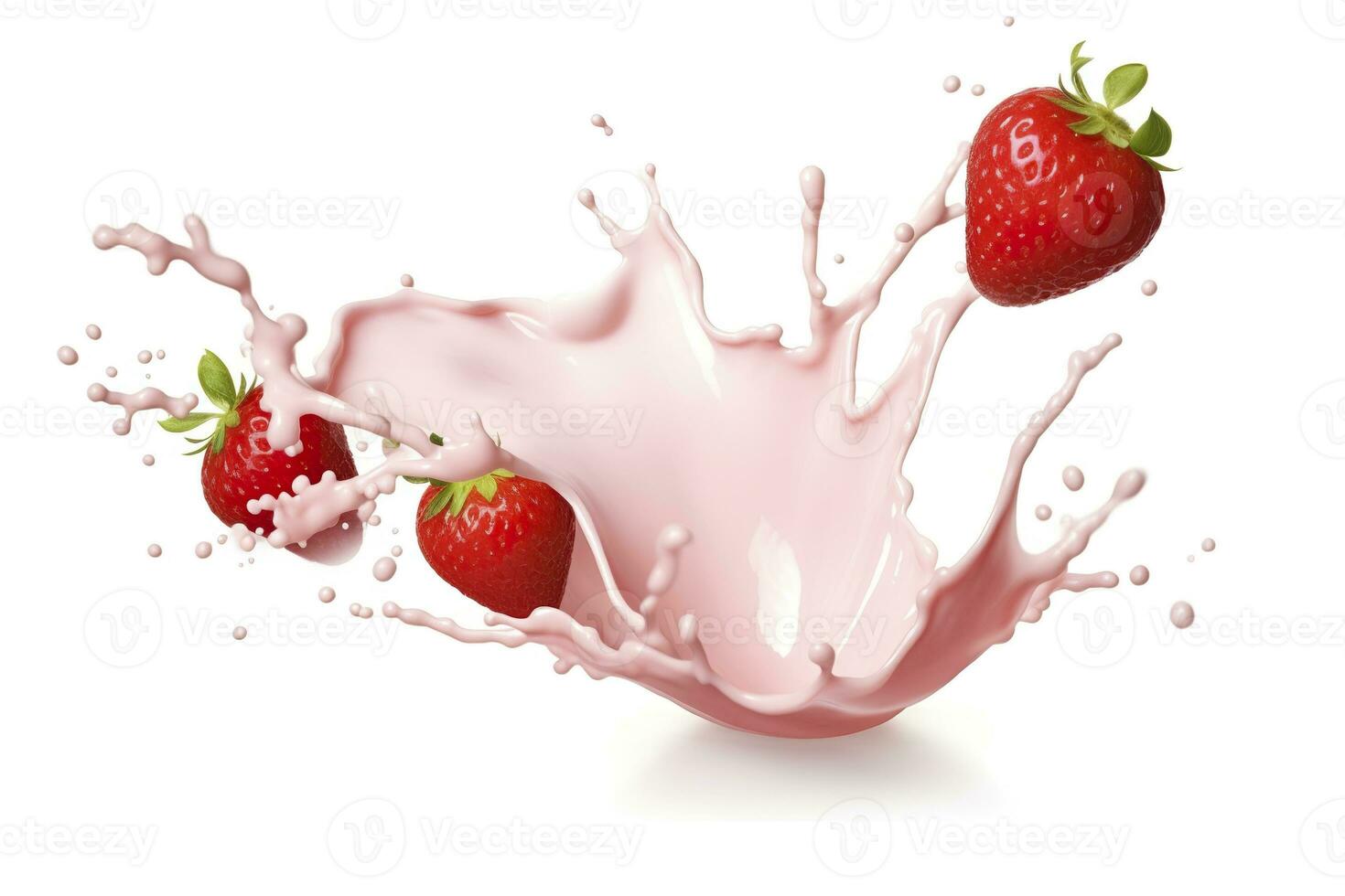 AI generated milk or yogurt splash with strawberries isolated on white background, 3d rendering. AI Generated photo