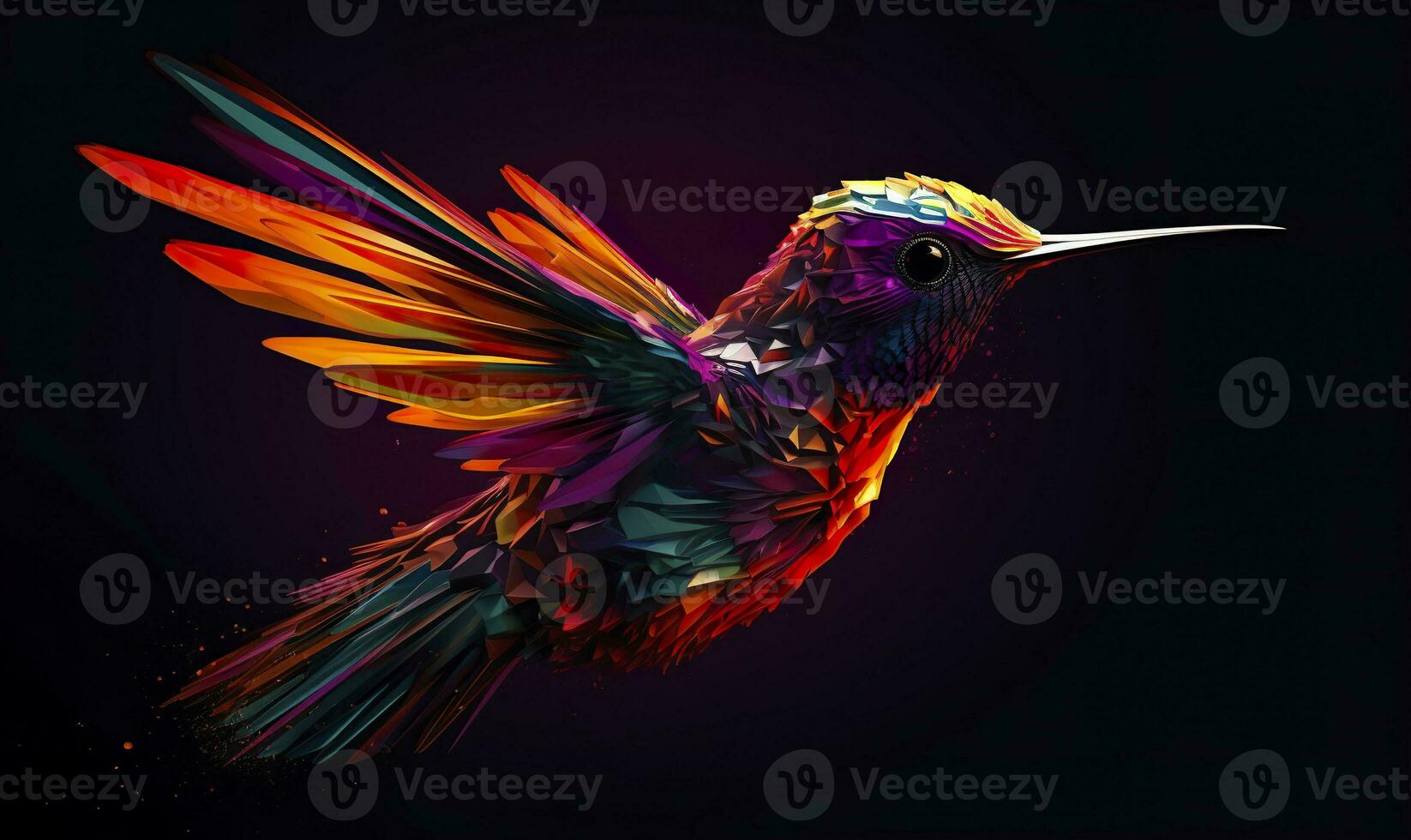 AI generated hummingbird logo with multiple colors flying through the air.  AI Generated photo
