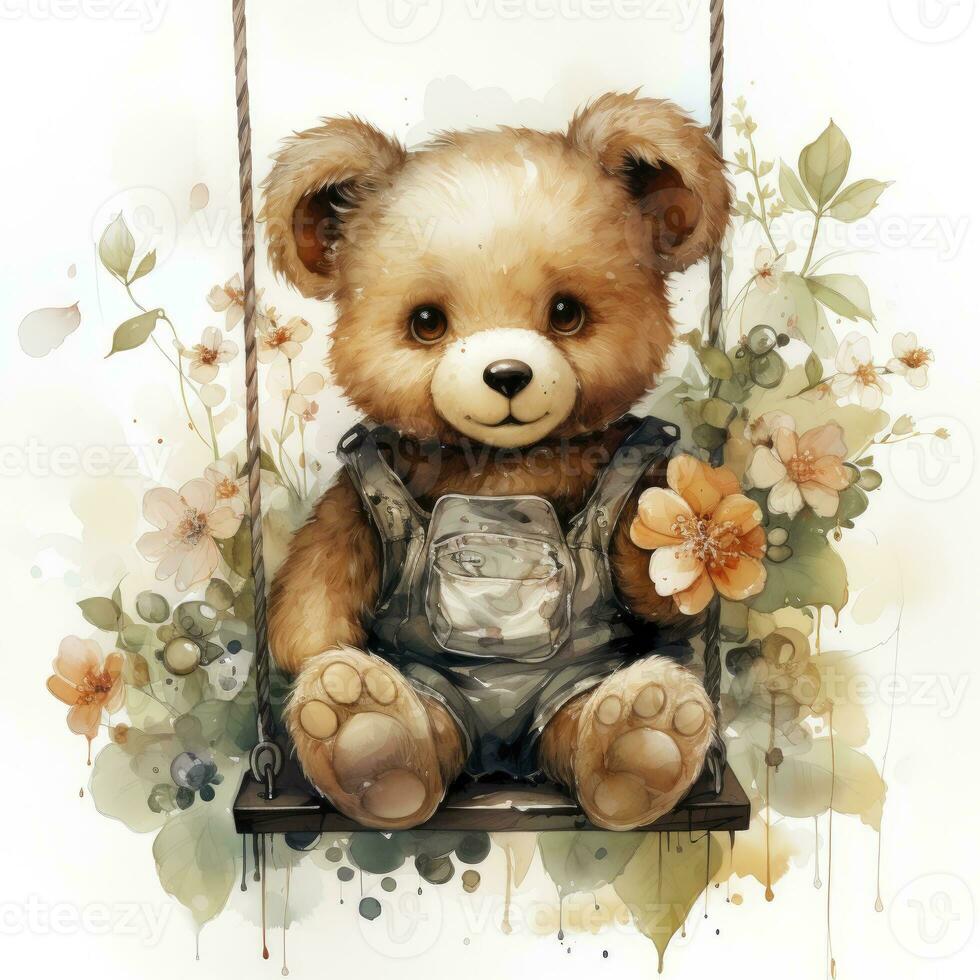 AI generated A cute happy teddy bear swings on a tree on a white background. AI Generated photo