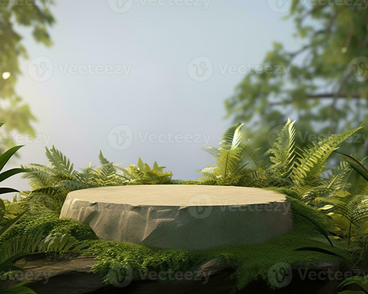 AI generated Stone product display podium for cosmetic product with green nature garden background. Generative AI photo
