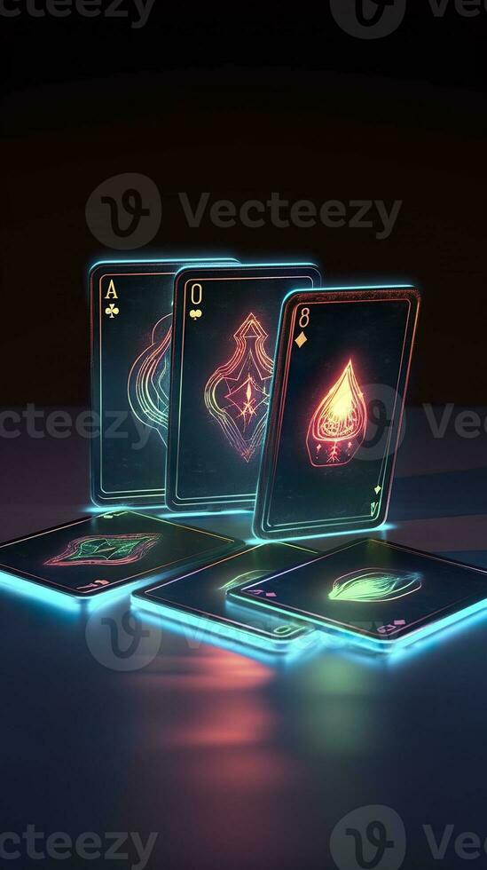 AI generated Some playing cards with glowing neon designs on a tablet. Generative AI photo