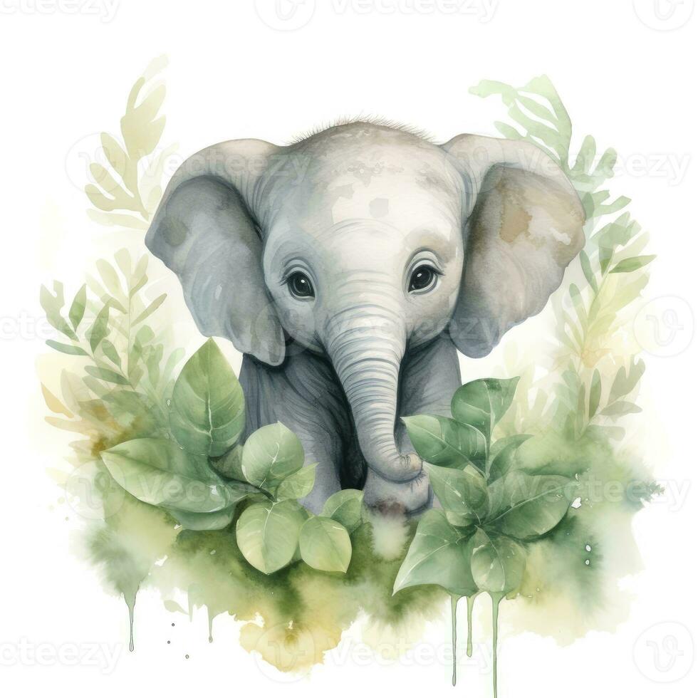 AI generated Happy cute baby elephant in green leaves in the watercolor style. AI Generated photo