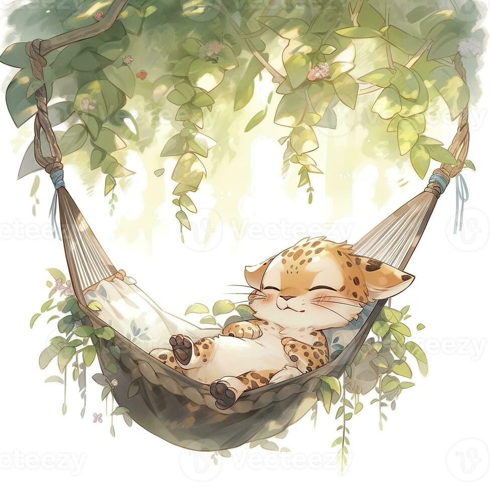 AI generated A sleepy baby leopard in a hammock. watercolor illustration. AI Generated photo