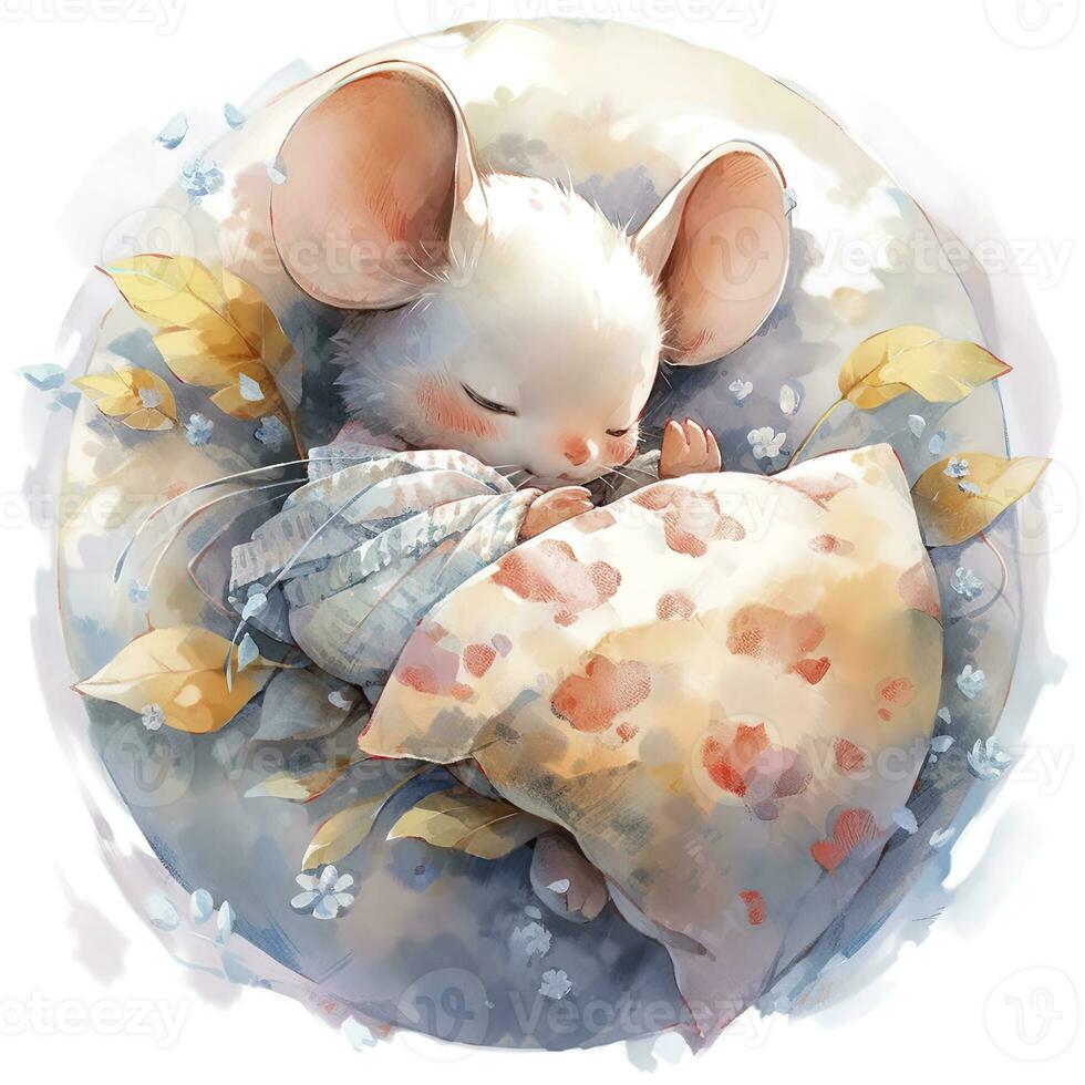 AI generated A sleepy baby mouse in a bedding, watercolor illustration.  AI Generated photo