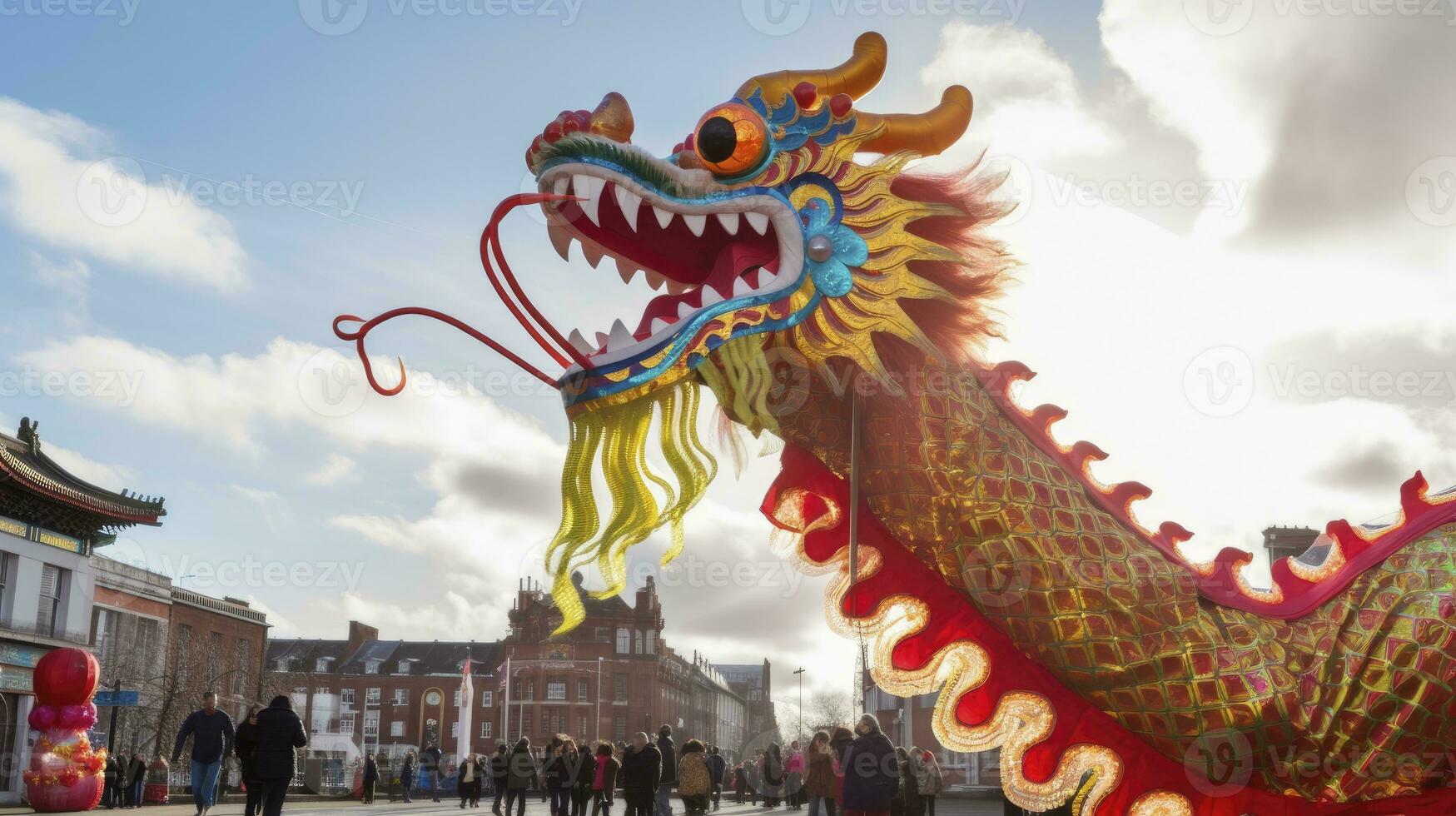 AI generated Chinese Dragon under a bright sky. AI Generated photo