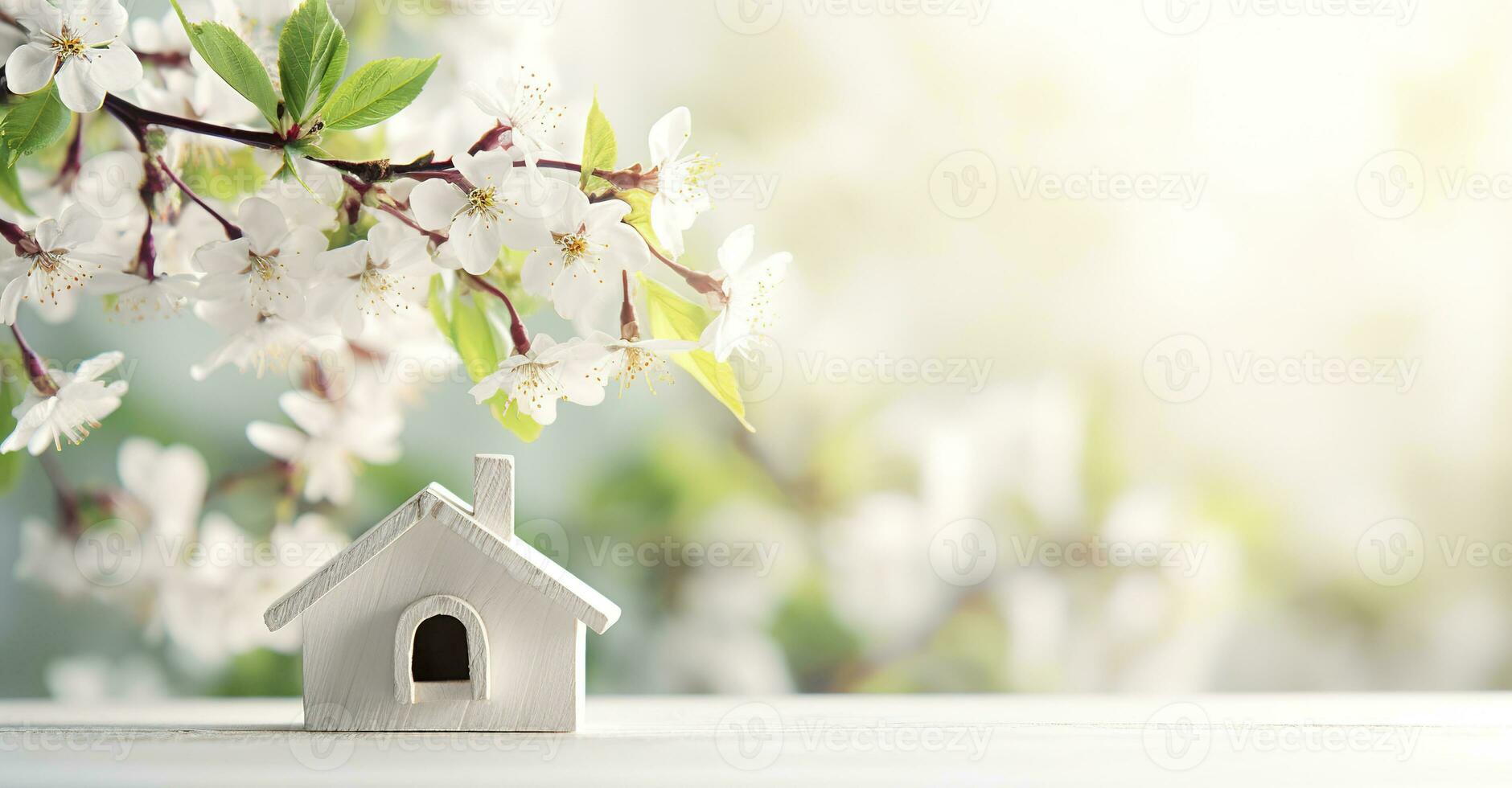 AI generated Toy house and cherry flowers, spring abstract natural background. Generative AI photo