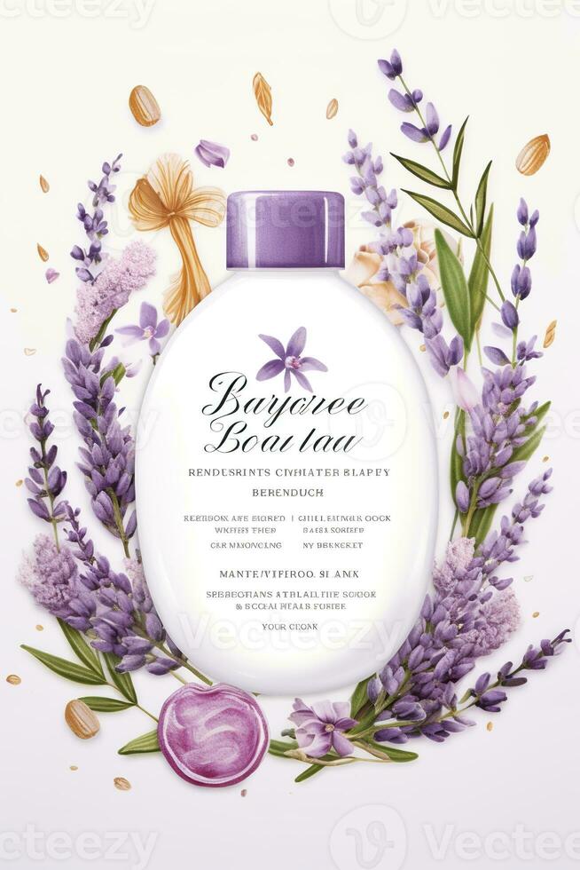 AI generated Beautiful flyer to present a store that sells products, body care, soap, cream, oil. Generative AI photo
