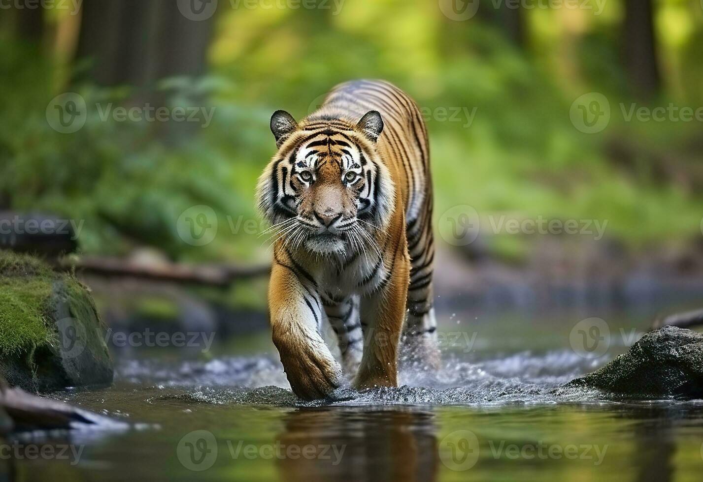 AI generated Amur tiger walking in the water. Dangerous animal.  Animal in a green forest stream. Generative AI photo