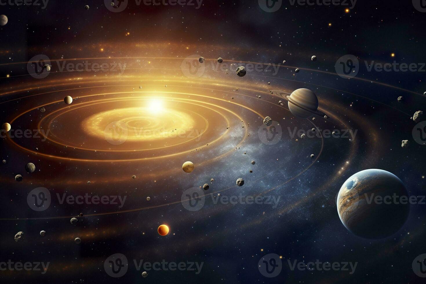 AI generated Our 3d Solar system with planets in orbits path. AI Generative photo