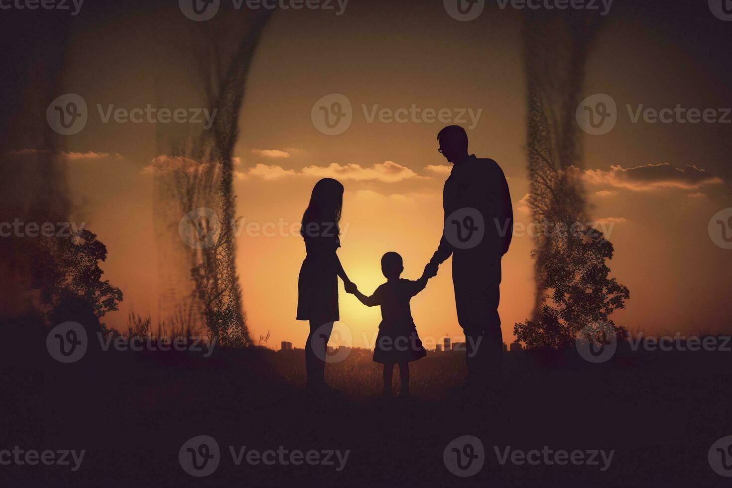 AI generated Shadow of Happy family together, parents with their little baby at sunset. A Silhouette of Love and Unity. AI Generative photo