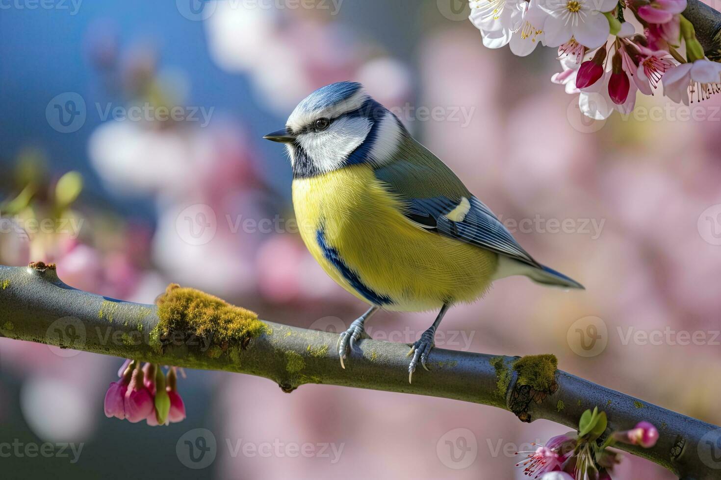 AI generated A Bluetit bird resting on the branch of a tree. AI Generated. photo