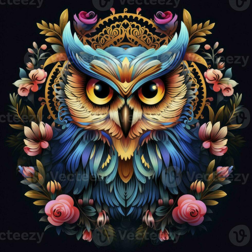 AI generated Multicolored mandala owl coloring page for adults. AI Generated photo