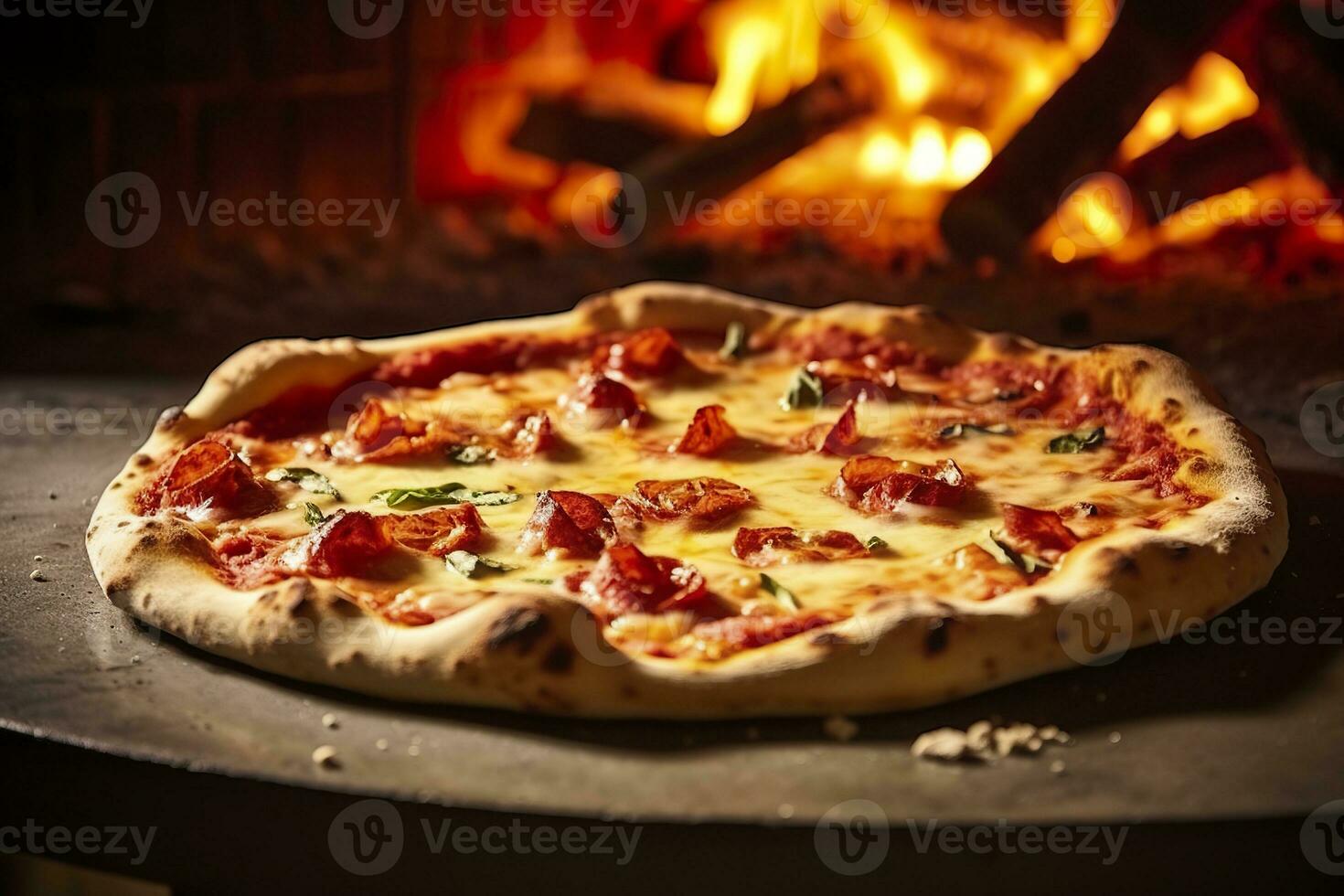 AI generated Freshly baked pizza closeup, traditional wood fired oven background. AI Generated photo