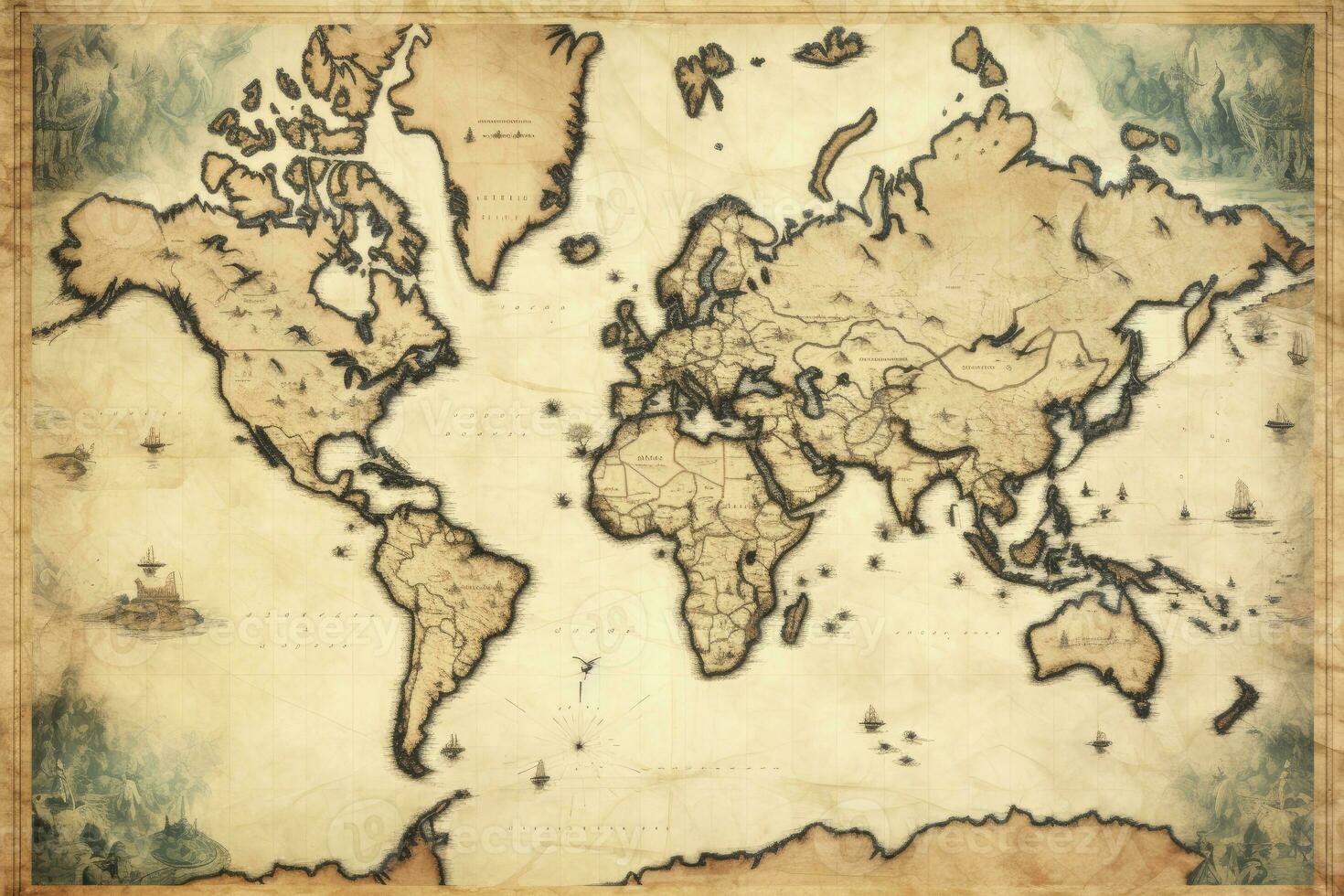 AI generated Great detailed illustration of the world map in vintage style. AI Generated photo