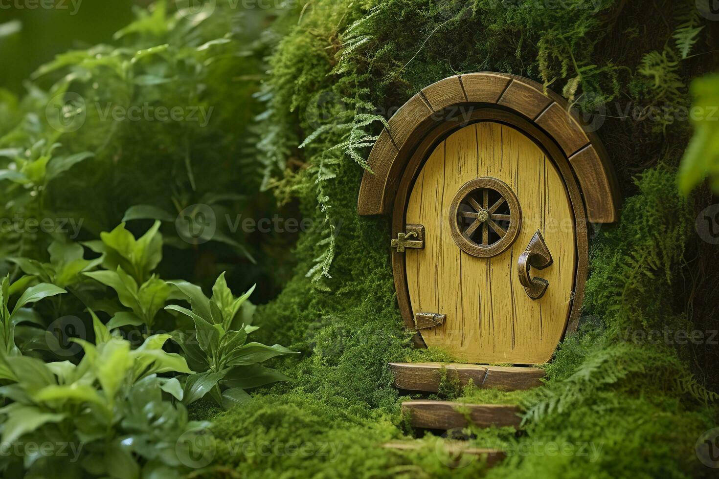 AI generated Little magic wooden fairy doors and plants leave on a mossy natural green background. AI Generated photo