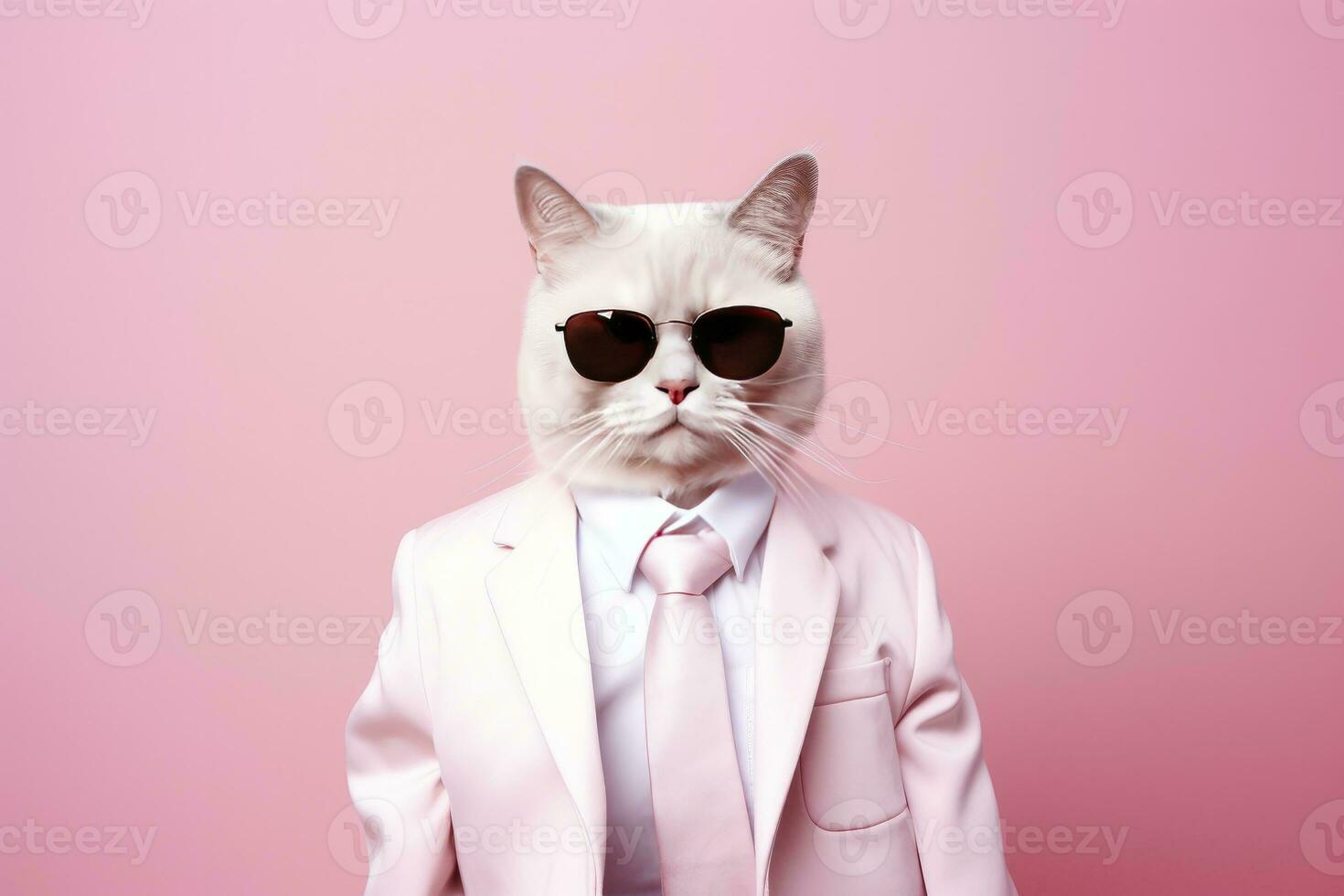 AI generated A cat is wearing sunglasses and suit on Pink Background. AI Generated photo