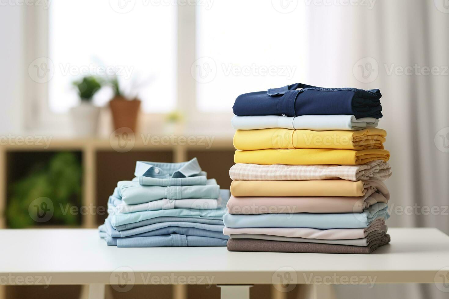 AI generated Stack of clean clothes on table in room. Generative AI photo