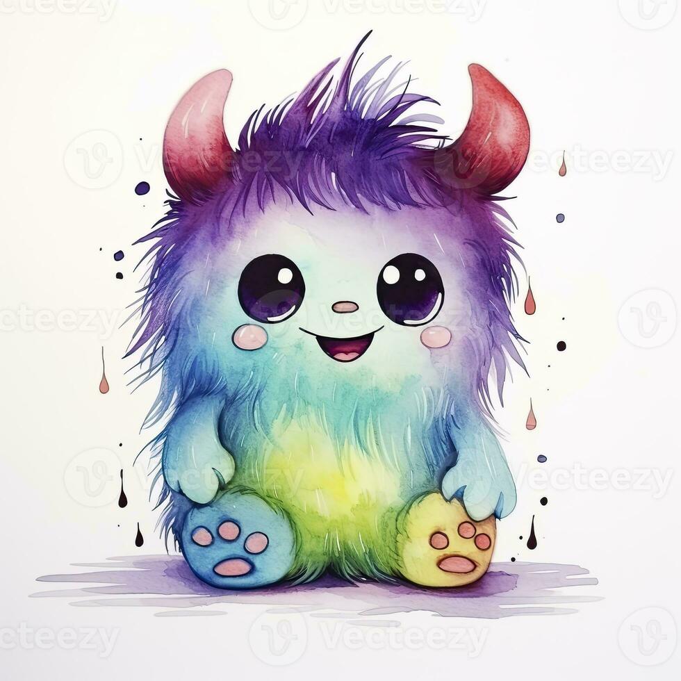 AI generated Watercolor cute monster on white background. AI Generated photo
