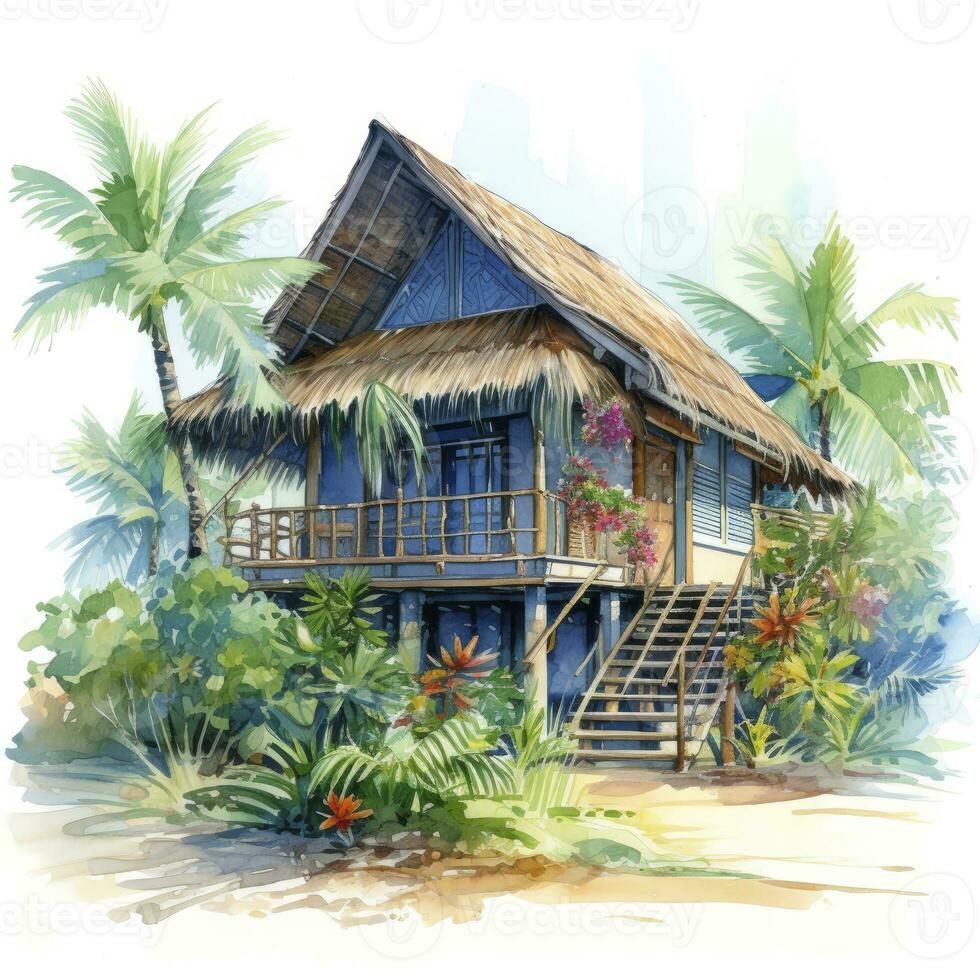 AI generated A watercolored bright serene image of a traditional bahay kubo. AI Generated photo
