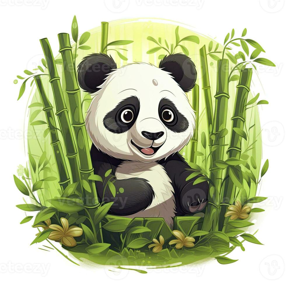 AI generated Cute panda in the middle of a bamboo forest. T-shirt design. AI Generated photo