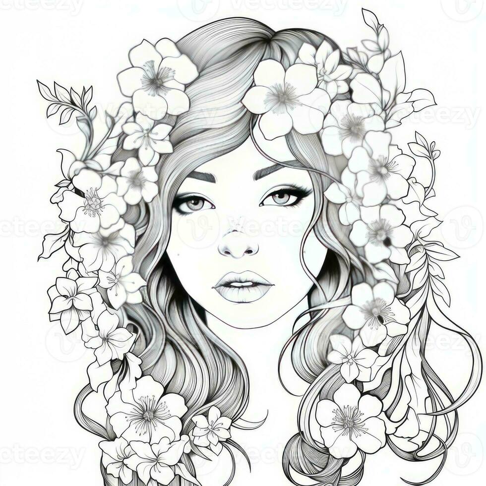 AI generated A girl on a coloring book page with Jasmine flowers. AI Generated photo