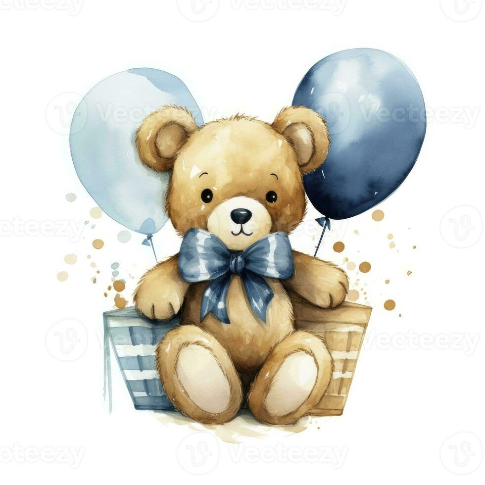 AI generated A watercolor baby teddy bear is sitting in the basket with blue and gold balloons. AI Generated photo