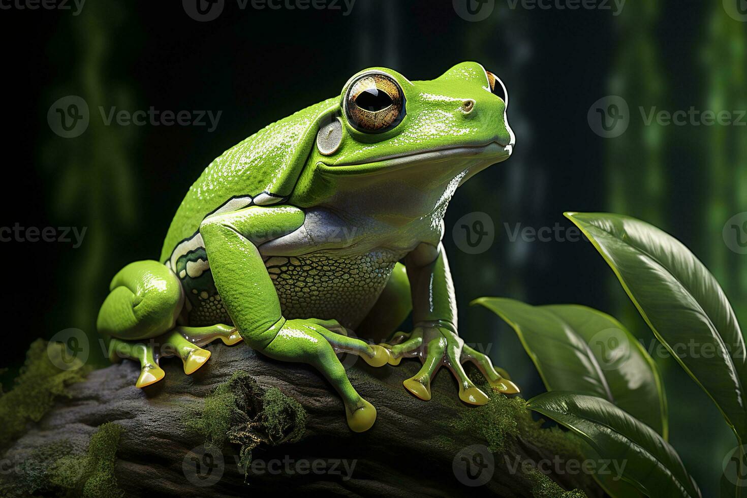 AI generated Tree Frog sitting on plant. AI Generated photo