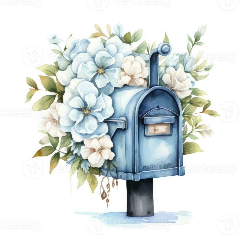 AI generated Watercolor light blue floral mailbox on a white background. AI Generated photo