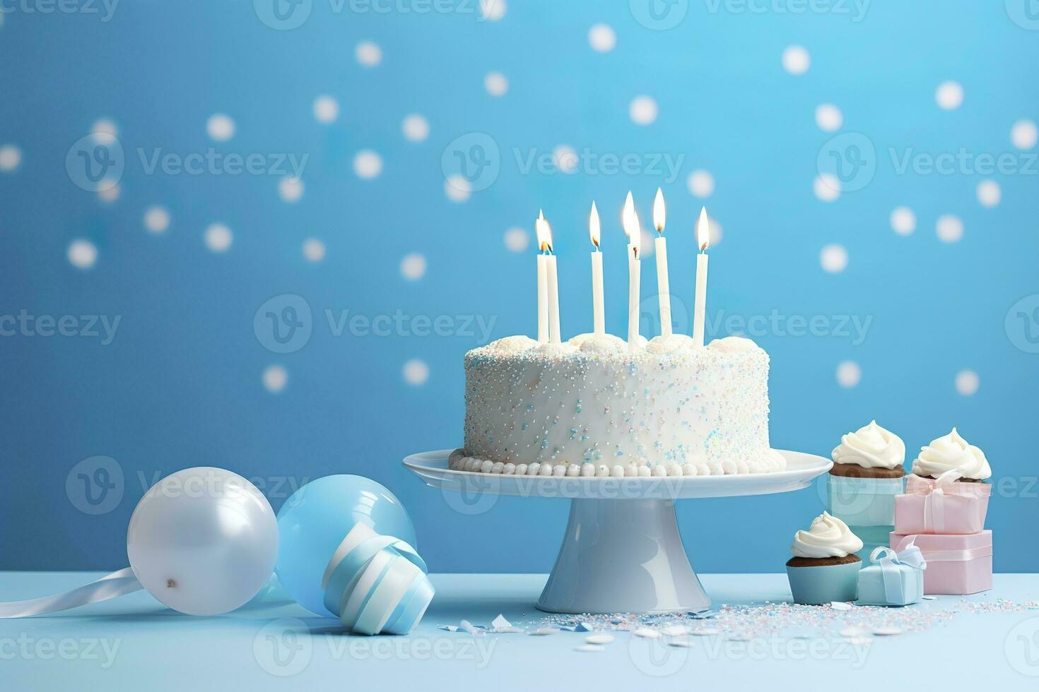 AI generated Birthday cake with candles and sweets on white table near blue wall. Generative AI photo