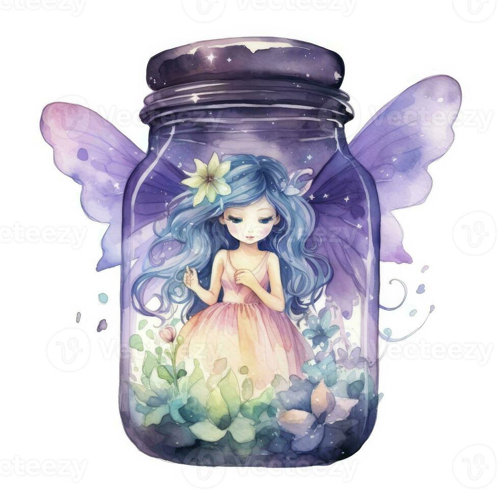 AI generated Watercolor Fantasy Pastel Goth Tiny Fairy in a Jar. AI Generated photo