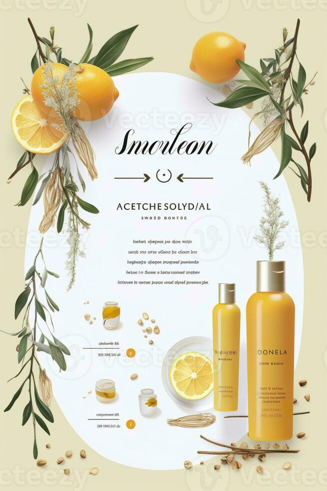 AI generated Beautiful flyer to present a store that sells products, body care, soap, cream, oil. Generative AI photo