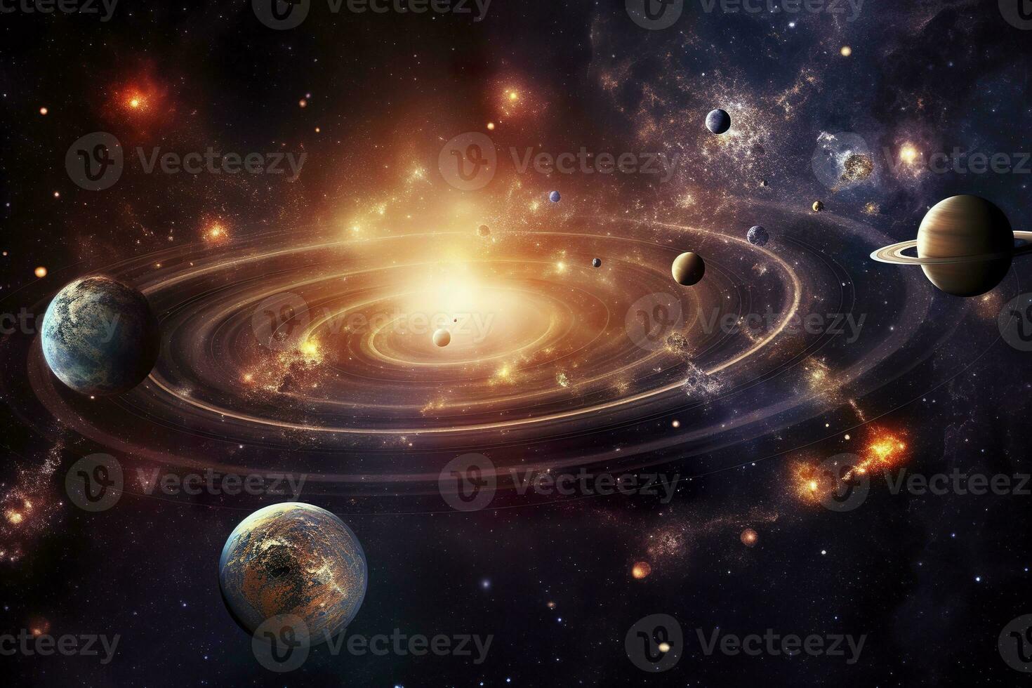 AI generated Our 3d Solar system with planets in orbits path. AI Generative photo