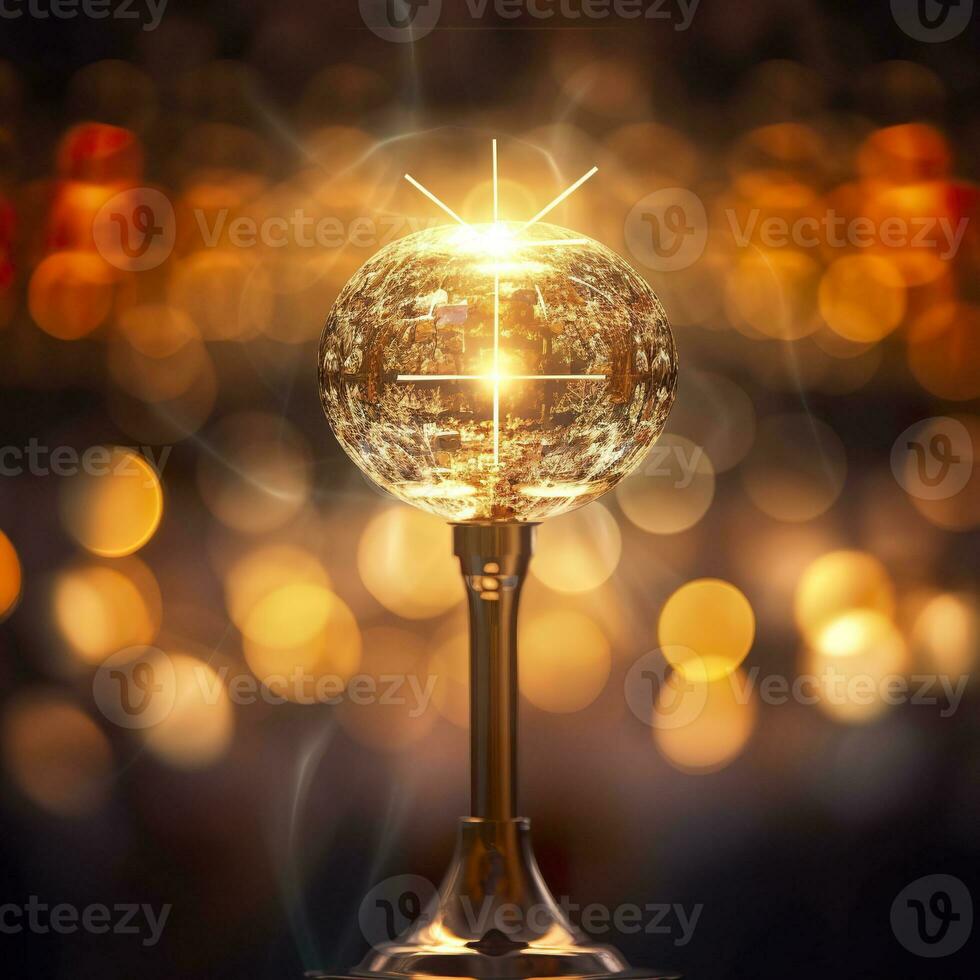 AI generated The golden monstrance with a little transparent crystal center, consecrated host. church defocused background. AI Generative photo