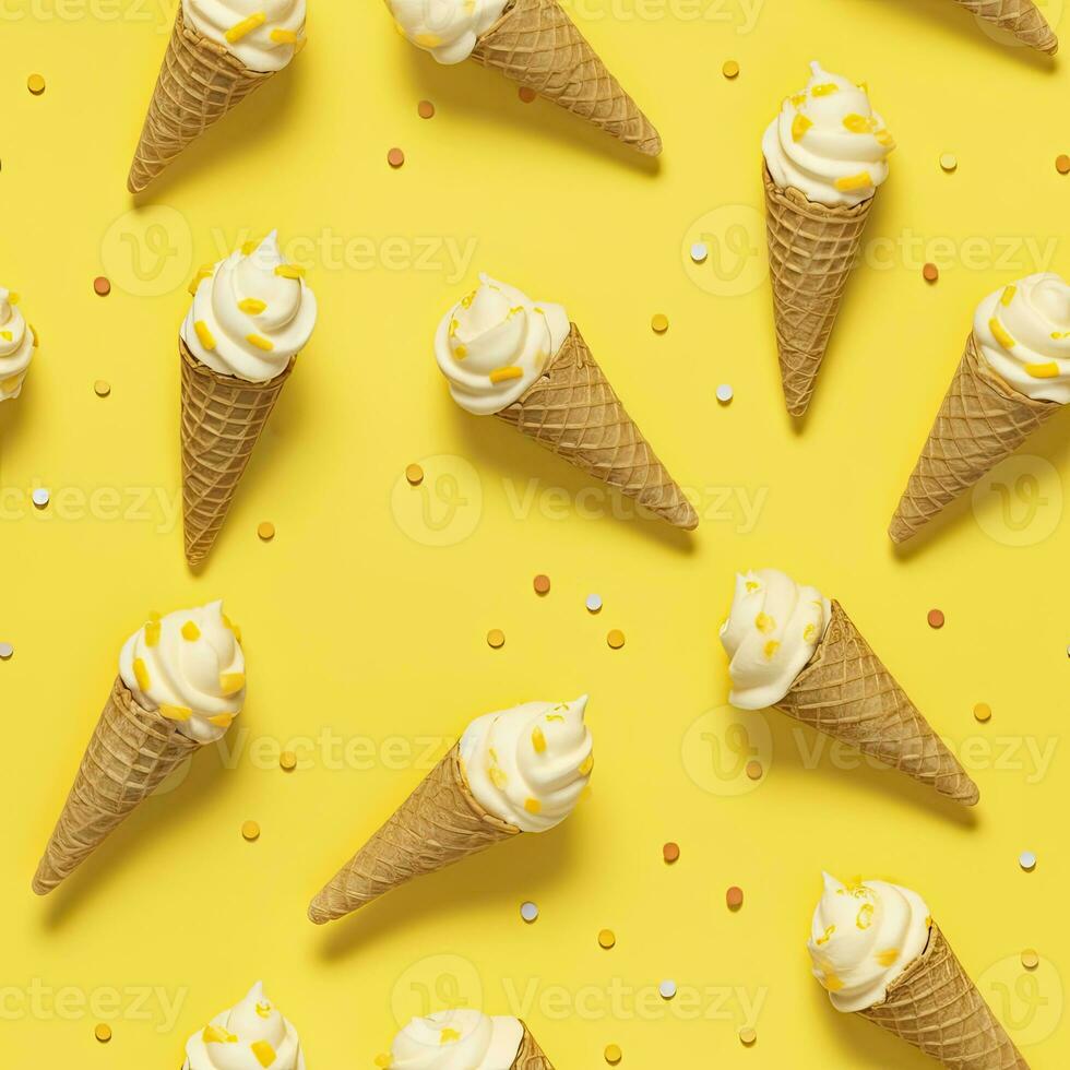 AI generated Ice Cream pattern on yellow background, top view. AI Generated photo