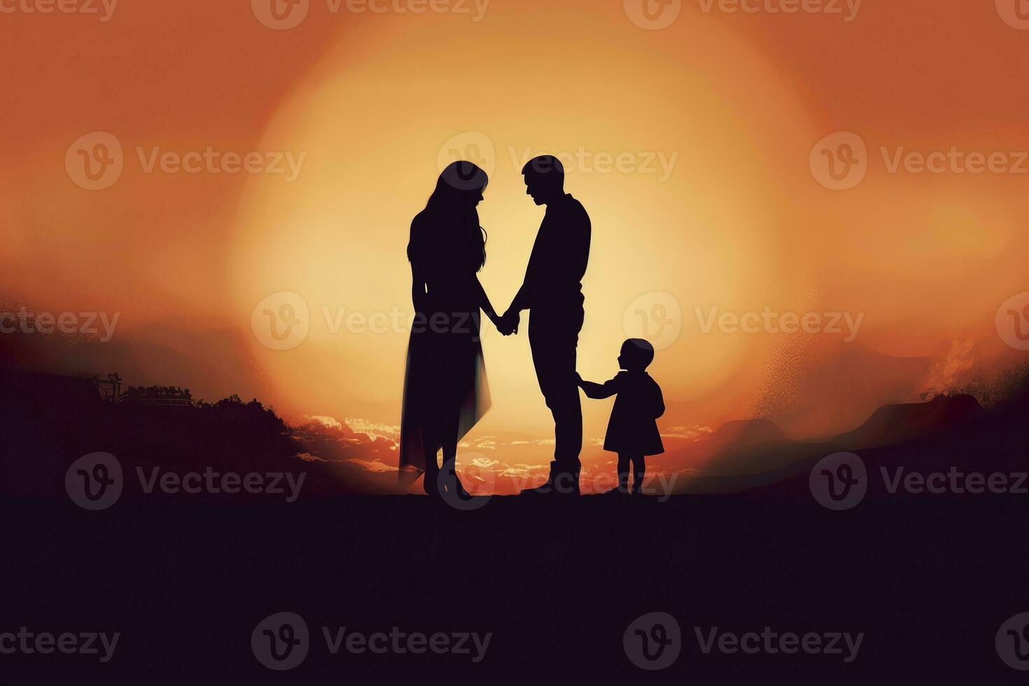 AI generated Shadow of Happy family together, parents with their little baby at sunset. A Silhouette of Love and Unity. AI Generative photo