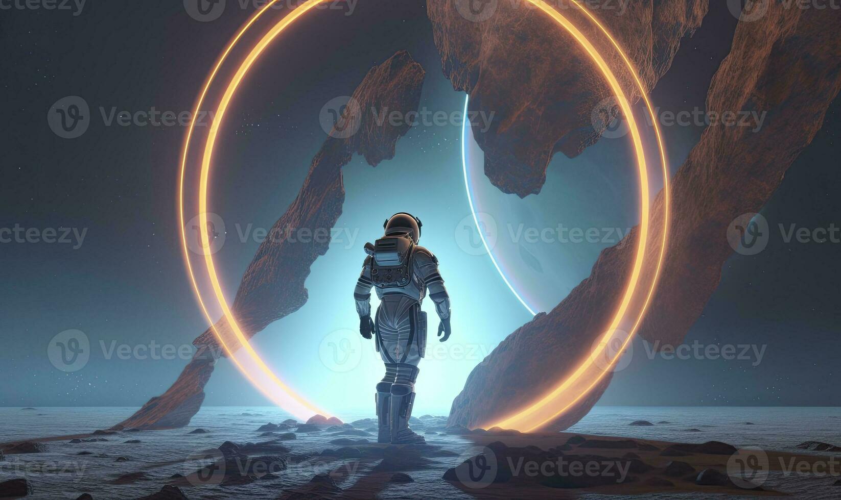 AI generated Astronaut in front of dimensional portal.  AI Generated. photo