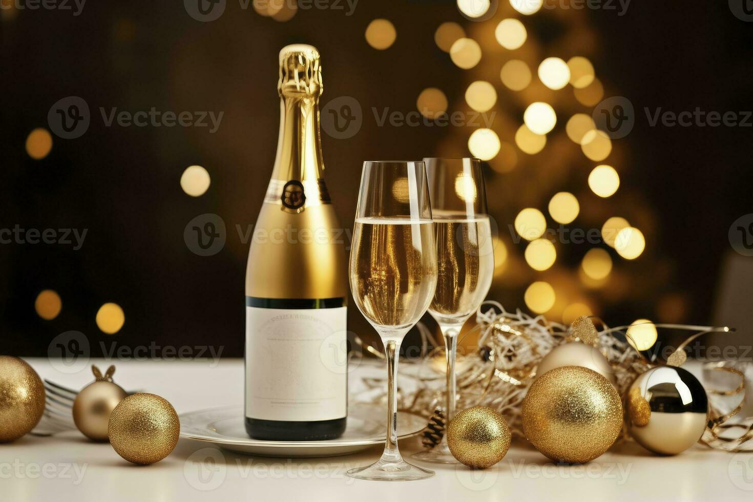 AI generated Christmas table setting with holiday decorations in gold color. AI Generated photo