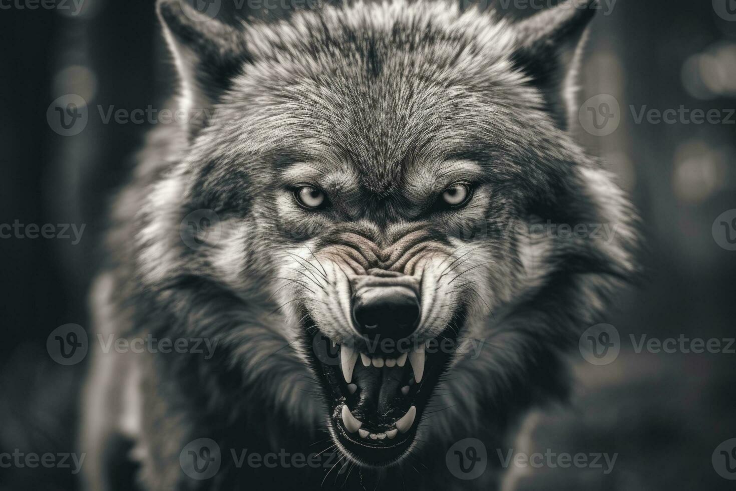 AI generated Greyscale closeup shot of an angry wolf with a blurred background. AI Generated photo