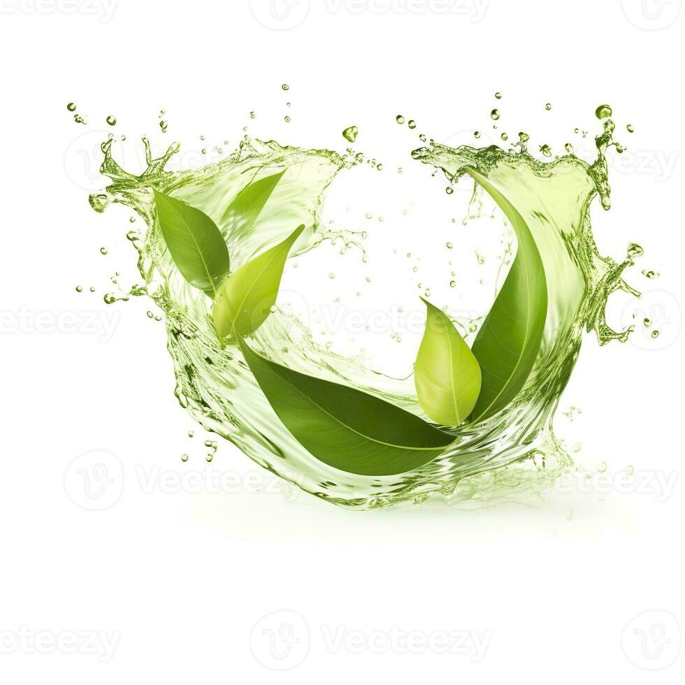 AI generated Green herbal tea wave splash with leaves flow. AI Generated photo