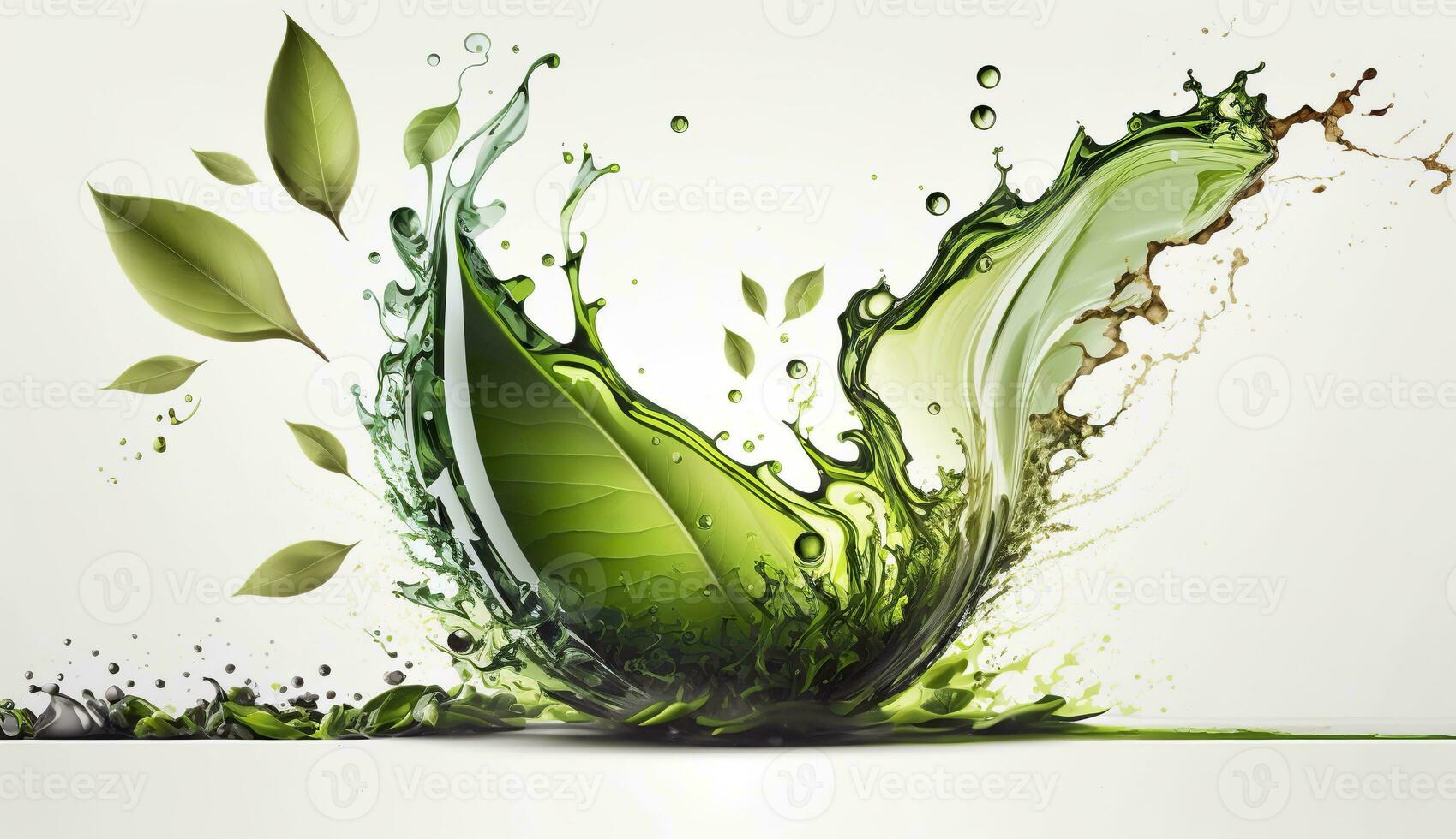 AI generated Green herbal tea wave splash with leaves flow. AI Generated photo