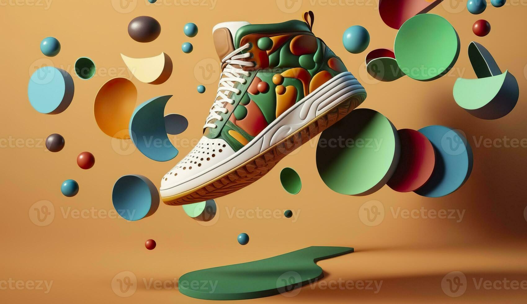 AI generated Flying trendy sneakers on creative colorful background, Stylish fashionable concept. AI Generated photo