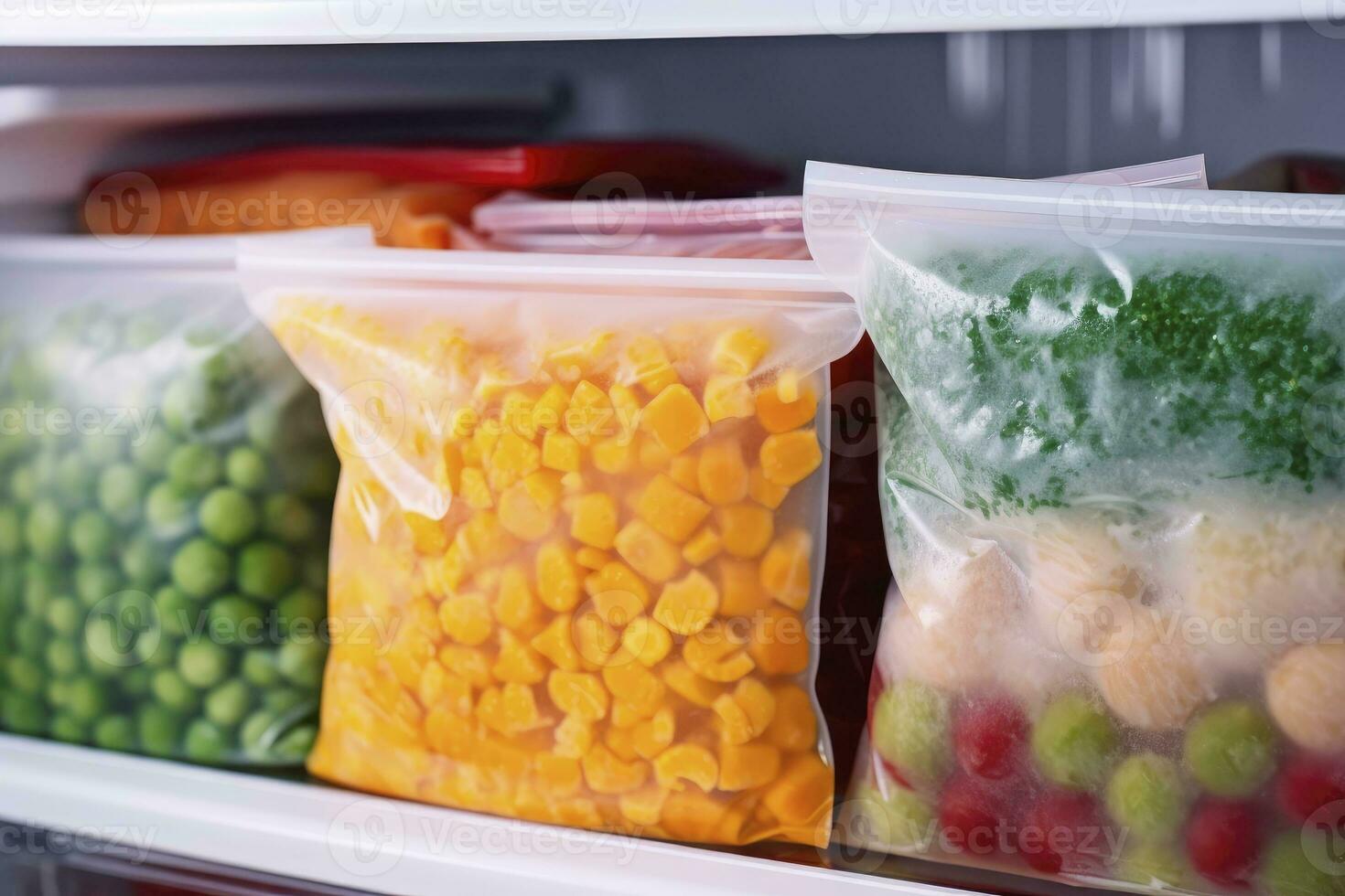 AI generated Frozen food in the freezer. Frozen vegetables. AI Generated photo