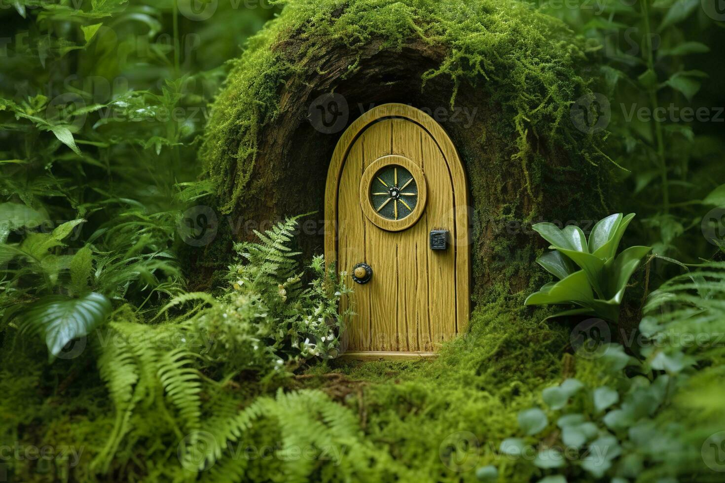 AI generated Little magic wooden fairy doors and plants leave on a mossy natural green background. AI Generated photo